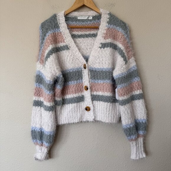 Altard State Womens Crop Ivory Combo Fuzzy Sweater Size XS Long Sleeve Cardigan - Picture 1 of 8